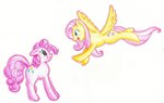 2012 ambiguous_gender blue_eyes colored_pencil_(artwork) cutie_mark duo ears_down eye_contact feathered_wings feathers female_(lore) feral fluttershy_(mlp) flying friendship_is_magic fur hasbro hooves looking_at_another mane midair my_little_pony nervous nervous_grin open_mouth open_smile pink_body pink_fur pink_mane pink_tail pinkie_pie_(mlp) pivoted_ears shaded simple_background smile standing tail teal_eyes traditional_media_(artwork) unguligrade white_background wings yellow_body yellow_feathers yellow_fur