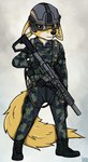 2023 alpha_and_omega anthro armor brown_eyes canid canine canis clothing female fur gun headgear helmet kate_(alpha_and_omega) mammal military military_uniform ranged_weapon rifle solo tan_body tan_fur uniform weapon wolf yellow_body yellow_fur ziegelzeig