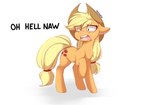 2019 applejack_(mlp) blonde_hair clothing conditional_dnp cowboy_hat cutie_mark dialogue digital_media_(artwork) english_text equid equine female feral freckles friendship_is_magic fur hair hasbro hat headgear headwear hi_res hooves mammal my_little_pony open_mouth orange_body orange_fur reaction_image simple_background solo teeth teranen text tongue