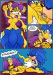 absurd_res anthro archie_comics bed black_nose blue_body blue_fur blue_hair blush bodily_fluids breasts comic cunnilingus dialogue english_text eulipotyphlan eyes_closed female fur furniture genital_fluids genitals green_eyes hair heart_symbol hedgehog herpestid hi_res licking male male/female mammal mina_mongoose mongoose navel nipples oral pillow purple_hair pussy raianonzika sega sex sonic_the_hedgehog sonic_the_hedgehog_(archie) sonic_the_hedgehog_(comics) sonic_the_hedgehog_(series) spread_legs spreading sweat text tongue tongue_out vaginal vaginal_fluids yellow_body yellow_fur