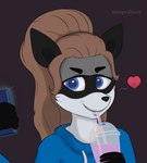 ambiguous_gender anthro beverage clothing container cup drinking drinking_straw duo electronics fan_character female grimace_shake heart_symbol hi_res hoodie mammal mcdonald's melody_(raccoon) meme phone procyonid raccoon selfie smile solo_focus stoopedhooy topwear