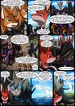 2017 absurd_res anthro armor blue_sky bray_(kitfox-crimson) cloak clothing colored comic day dialogue dialogue_box english_text female fur grey_body grey_fur group headgear helmet hi_res in_our_shadow kangaroo kitfox-crimson lady_brushfire_(kitfox-crimson) macropod male mammal marsupial murid murine outside purple_cloak purple_clothing quartz_(kitfox-crimson) rat red_body red_fur red_kangaroo rodent sciurid sky speech_bubble text tree_squirrel wallaby water