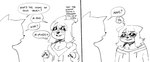 2023 2_panel_comic anaugi anthro awkward awkward_smile badger chest_tuft choker clothing comic dialogue duo eyewear female glasses hair hoodie jewelry mammal monochrome mustelid musteline necklace nuggy_(anaugi) question_mark short_hair speech_bubble tired tired_expression tired_eyes tired_look topwear trans_(lore) trans_woman_(lore) tuft