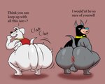 Rating: e
ID: 5270706
Date: 2024-12-27 21:28:45 -0500
Status: active
Score: 31
2024 5:4 ace_the_bat-hound anthro anus ass_clapping balls big_butt black_cape black_clothing black_collar black_eyes black_nose blue_nose brown_body brown_fur butt canid canine canis cape clothing collar colossalstars competition crouching dc_comics dc_league_of_super-pets digital_media_(artwork) domestic_dog duo english_text fur genitals grey_body grey_ears grey_fur grey_tail half-closed_eyes hi_res huge_butt krypto krypto_the_superdog looking_at_another looking_back male mammal mask motion_lines multicolored_body multicolored_fur narrowed_eyes onomatopoeia pit_bull question_mark rear_view red_cape red_clothing smile sound_effects tail text thick_thighs twerking two_tone_body two_tone_collar two_tone_fur white_body white_ears white_eyes white_fur white_tail yellow_collar post #5270706