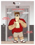 anthro bear blue_eyes bottomwear clothing dress elevator english_text facial_hair footwear gerald_lamoureux_(nardodraws) hi_res male mammal nardodraws sandals shirt shoes shorts socks socks_and_sandals socks_with_sandals solo text topwear