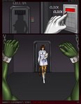 amber_(eliana-asato) anthro arms_above_head bound breasts cleavage clothed clothing coat comic crocodile crocodilian cuff_(restraint) door duo eliana-asato female footwear giraffe giraffid handcuffs hi_res keypad lab_coat male mammal metal_cuffs oleg_(eliana-asato) reptile restraints scalie scientist shoes sound_effects submissive submissive_male topwear