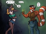 2021 4:3 ailurid anthro blonde_hair bottomwear breasts brown_body brown_eyes brown_fur brown_hair bulge clothed clothing crop_top denim denim_bottomwear denim_clothing denim_shorts dialogue duo english_text female fur hair hi_res lagomorph leporid male mammal markings midriff money navel nipple_piercing nipples piercing rabbit red_panda rhona_(shieltar) ring_(marking) ringed_tail scut_tail shieltar shirt short_tail shorts striped_markings striped_tail stripes tail tail_markings text topless topwear