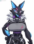 2023 anthro big_breasts biped black_body blue_body blue_sclera blue_tongue breasts canid canine canis clothed clothing cooliehigh curvy_anthro curvy_female curvy_figure epic_games female fortnite front_view hand_on_hip hi_res hourglass_figure hourglass_figured_anthro hourglass_figured_female looking_at_viewer mammal multicolored_body one_eye_closed open_mouth open_smile pack_leader_highwire portrait red_eyes simple_background smile solo standing three-quarter_portrait tongue white_background wide_hipped_anthro wide_hipped_female wide_hips wolf