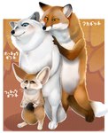 ambiguous_gender arctic_fox blue_eyes canid canine dipstick_tail fennec_fox feral fox fur group hi_res japanese_text mammal markings miyuwo orange_eyes red_fox simple_background standing_on_hind_legs tail tail_markings text trio true_fox white_body white_fur