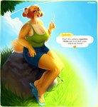 animal_crossing anthro bottomwear breasts canid canine clothing dialogue electronics female flip_flops footwear hi_res isabelle_(animal_crossing) mammal nintendo overweight overweight_female phone pinwired realistic_anatomy sandals shoes shorts sitting smoking solo text topwear