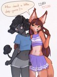 2024 anthro black_body black_fur blue_clothing blue_crop_top blue_shirt blue_topwear bottomwear breasts brown_hair canid canine canis clothing crop_top dialogue digital_drawing_(artwork) digital_media_(artwork) domestic_dog duo ear_tuft english_text female female/female fox fur green_eyes grin hair hi_res highlights_(coloring) interaction_drive looking_at_another mammal midriff navel purple_bottomwear purple_clothing purple_skirt shirt shorts sienna_(yshanii) skirt smile speech_bubble text topwear tuft yshanii