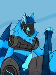 absurd_res anthro blue_body blue_eyes blue_fur bodily_fluids cum dominant dominant_male first_person_view fur genital_fluids genitals hi_res leash leash_pull leashed_pov machine male penis protogen smile solo valor_koa_(artist)