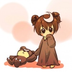 1:1 accessory alternate_species barefoot brown_hair clothing cosplay daww feet female generation_2_pokemon hair hair_accessory hitec human humanized mammal mini_me nightgown nintendo pajamas plushie pokemon pokemon_(species) short_hair simple_background solo standing teddiursa teddy_bear young