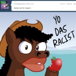 1:1 apple ask_jappleack black_hair brown_eyes clothing dialogue english_text equid equine female food friendship_is_magic fruit hair hasbro hat headgear headwear horse hotdiggedydemon huge_lips looking_at_viewer mammal my_little_pony plant pony racial_caricature racial_slur racism reaction_image slur solo stereotype text tumblr what_has_magic_done