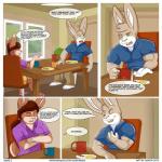 1:1 2015 aaron_(artist) anthro biceps blue_eyes border bottomwear brown_body brown_fur brown_hair chair chest_tuft clothed clothing comic container crossed_arms cup dialogue duo english_text eyes_closed female flower food footwear fur furniture green_eyes hair hi_res inside lagomorph leporid male mammal mathew_porter muscular one_eye_closed open_mouth pants pink_nose plant ponytail rabbit rose_(aaron) sandals shirt shoes sitting table teeth text tongue topwear tuft url white_body white_border white_fur