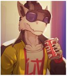 anthro beverage border brown_body brown_eyebrows brown_fur brown_hair brown_inner_ear_fluff cheek_tuft clothing countershading dpakollia dragon dreadlocks eyebrows eyewear facial_tuft fur furred_dragon furred_scalie glasses green_sclera grey_horn hair hi_res horn inner_ear_fluff jacket kurtvaliant looking_at_viewer male multicolored_body multicolored_fur mythological_creature mythological_scalie mythology scalie soda solo square_(anatomy) streetwear tan_body tan_countershading tan_ears techwear topwear tuft two_tone_body two_tone_fur white_border