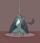 animated avian crouching dancing female feral friendship_is_magic gabby_(mlp) genitals gryphon hasbro my_little_pony mythological_avian mythological_creature mythology pole pole_dancing pussy short_playtime solo sombird spread_wings stripper_pole teats wings