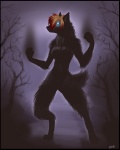 2078 4:5 anthro black_body black_border black_fur bleak_ambiance border canid canine canis female fleki_(character) fur glowing glowing_eyes koul mammal nude plant solo tree wolf