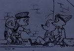 2022 anthro black_and_blue bodily_fluids canid canine clothed clothing disney eye_contact fox fully_clothed fur group hi_res inktober jack_savage judy_hopps lagomorph leporid looking_at_another mammal monochrome nick_wilde rabbit red_fox skye_(zootopia) tears theblueberrycarrots traditional_media_(artwork) true_fox young zootopia