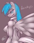 anthro anthrofied blue_eyes blue_hair blush breasts collar equid equine feathered_wings feathers female florecentmoo friendship_is_magic grin hair hasbro hi_res looking_at_viewer mammal my_little_pony mythological_creature mythological_equine mythology nipples nude pegasus raindrops_(mlp) side_boob simple_background smile solo wings