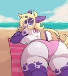 anthro beach bear big_butt bikini blonde_hair blooper_(dooper64) breasts butt clothing female fur giant_panda gogomrdodo hair hi_res looking_at_viewer looking_back lying mammal on_front pink_bikini pink_clothing pink_swimwear purple_body purple_fur solo swimwear thick_thighs towel two-piece_swimsuit water white_body white_fur