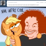 1:1 applejack_(mlp) ask_jappleack blonde_hair carrot_top clothing cowboy_hat dialogue duo earth_pony english_text equid equine female feral freckles friendship_is_magic green_eyes hair hasbro hat headgear headwear horse hotdiggedydemon human long_hair male mammal my_little_pony open_mouth pony ponytail red_hair text tumblr