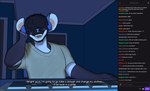 2024 absurd_res anthro bangs beard bluesh clothed clothing computer_keyboard cristian_(bluesh) desk dialogue english_text facial_hair fur furniture hair hi_res hyena inside livestream male male_anthro mammal open_mouth open_smile shirt sitting smile solo stream_chat table teeth text tongue topwear tuft twitch.tv