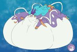 belly broken_crest broken_horn chonk female feral generation_2_pokemon hi_res horn hyperchibiabsol legendary_pokemon markings morbidly_obese morbidly_obese_feral multicolor_mane multicolored_eyes nintendo obese obese_feral overweight overweight_feral pawpads paws pokemon pokemon_(species) pudge rolls spots suicune varuna varuna_the_suicune