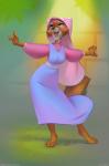 2017 3_toes 4_fingers anthro barefoot biped breasts canid canine cheek_tuft clothed clothing colorful_background colorful_theme dancing disney dress facial_tuft feet female fingers fox happy headdress headgear headwear looking_up maid_marian mammal miles_df open_mouth open_smile pink_clothing pink_headwear pink_topwear purple_clothing purple_dress red_fox robin_hood_(disney) singing smile solo text toes topwear true_fox tuft veil wimple