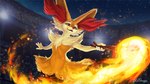 2022 anthro braixen branch breasts chest_tuft crowd dancing daniel_tibana digital_media_(artwork) digital_painting_(artwork) embers fangs female fire fur generation_6_pokemon group holding_object inner_ear_fluff looking_away night nintendo open_mouth performance pokemon pokemon_(species) red_body red_eyes red_fur signature sky small_breasts smile solo stadium stadium_lighting star starry_sky stick teeth tuft white_body white_fur yellow_body yellow_fur