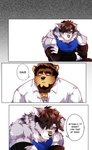 absurd_res alexei_zoloto anthro arm_warmers armwear bandage bandage_on_face bandage_on_nose bear biceps black_hair blue_clothing blue_eyes blue_shirt blue_tank_top blue_topwear booboo34 brown_bear brown_body brown_fur button_ears canid canine canis clothing collared_shirt comic comic_panel dave_volkov deltoids dialogue dog_tags duo english_text floppy_ears fur grey_body grey_fur hair head_down hi_res male mammal muscular muscular_anthro muscular_male shirt speech_bubble static_background tank_top text topwear ursine white_clothing white_shirt white_topwear wolf yellow_eyes