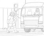 anthro bottomwear bulge canid canine canis car_accident clothing crosswalk death dipingxiangtr.d distracted duo felid fence hat headgear headwear hi_res lion male mammal monochrome pantherine scared shirt shorts topwear traffic_light truck windshield windshield_wiper wolf