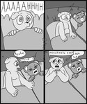 2023 absurd_res anthro axismarcy azulin_(unicorn_wars) bear bedding blanket comic dialogue duo gordi_(unicorn_wars) hi_res lying mammal monochrome question_mark slightly_chubby spanish_text surprise text tired translated unicorn_wars