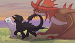 all_fours black_body blep blue_eyes caressing caressing_chin claws cloudjumper dragon dreamworks ekayas european_mythology female feral flirting frill_(anatomy) fury_(httyd) grass green_eyes group half-closed_eyes hi_res how_to_train_your_dragon larger_male light_fury looking_at_another male male/female male/male membrane_(anatomy) membranous_wings mythological_creature mythological_scalie mythology narrowed_eyes night_fury nubless outside plant polyamory raised_leg raised_tail red_body scales scalie seductive size_difference smaller_female smaller_male smile spikes spikes_(anatomy) standing stormcutter tail tail_under_chin teeth tongue tongue_out toothless trio walking western_dragon white_body wings yellow_eyes