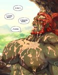 absurd_res beard big_pecs bodily_fluids body_hair cave chest_hair cum cum_covered cum_drip cum_on_body digital_media_(artwork) dripping english_text facial_hair ganondorf genital_fluids gerudo ghangaji green_body green_skin hair hi_res humanoid male mammal messy muscular muscular_male nintendo nipples not_furry nude pecs red_hair solo speech_bubble sweat tears_of_the_kingdom text the_legend_of_zelda vein veiny_muscles