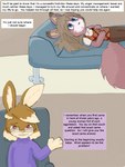 2011 3:4 anthro babystar biped chocolatekitsune_(character) comic detailed_background dialogue digital_media_(artwork) duo english_text eyewear female fur gemma_polson glasses hair hi_res lagomorph leporid lying mammal rabbit rodent sciurid sitting text tree_squirrel