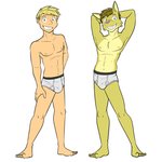 1:1 adam_caro alternate_species anthro barefoot blonde_hair briefs briefs_only bulge clothed clothing duo feet felid feline freckles fuze green_eyes grey_briefs grey_clothing grey_underwear grin hair hands_behind_head hi_res human humanized light_body light_skin lynx male mammal navel nipples simple_background smile texnatsu topless underwear underwear_only white_background