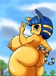 3:4 absurd_res animal_crossing ankha_(animal_crossing) anthro areola big_areola big_breasts big_butt big_nipples blue_hair blue_markings breasts butt butt_focus detailed_background dus felid feline female fur gesture gold_(metal) hair hand_gesture hi_res huge_breasts huge_butt mammal markings nintendo nipples nude_anthro rear_view short_stack solo tail v_sign yellow_body yellow_fur yellow_markings