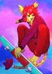 anthro bottomwear cheek_tuft chin_tuft clothed clothing color_contrast colorful_theme facial_tuft felid fur hair hi_res inner_ear_fluff lionfloof male mammal markings mouth_closed orange_eyes pants purple_clothing purple_topwear red_bottomwear red_clothing red_hair red_nose red_pants skateboard skateboarding solo spots spotted_markings spotted_tail tail tail_markings topwear tuft vehicle whiskers yellow_body yellow_fur yellow_inner_ear_fluff