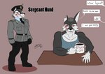 absurd_res anthro boots bundeswehr canid canid_demon canine clothing combat_boots container cup demon dialogue duo english_text facial_scar fan_character footwear hat hazbin_hotel headgear headwear hellhound helluva_boss hi_res malaysian_text male mammal military_cap military_uniform mug muscular muscular_anthro muscular_male mythological_canine mythological_creature mythology notched_ear red_sclera scar shirt shoes speech_bubble standing tank_top text topwear translated uniform vulgar wayesh white_eyes