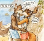 2024 akatan_art anthro beach biped blue_bottomwear blue_clothing blue_shorts blush bottomwear bulge canid canine canis clothing collar duo fox hi_res kiss_on_lips kissing male male/male mammal neck_tuft painting_(artwork) red_bottomwear red_clothing red_fox red_shorts romantic romantic_couple shorts slim slim_male tail tenting thoughts topwear traditional_media_(artwork) true_fox tuft vest watercolor_(artwork) wolf wristband