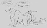 absurd_res anteater anthro butt comic crocodile crocodilian dialogue duo english_text erection genitals grivaire grivaire_(character) hi_res male male/male mammal monochrome musclegut muscular open_mouth open_smile pilosan presenting presenting_hindquarters profanity reptile scalie size_difference small_dom_big_sub small_top_big_bottom smile tail_around_partner text xenarthran