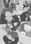 anthro avian bat big_breasts bird bottomwear breasts cleavage clothed clothing comic crossed_legs dialogue female freckles_(artist) huge_breasts male mammal megabat monochrome pants shirt topwear