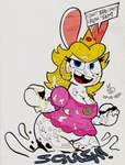 anthro big_butt bottomless butt cake cake_sitting clothed clothing crossover dessert dialogue female food food_fetish food_play frosting_on_butt genitals hi_res ink inked mario_bros mario_plus_rabbids_kingdom_battle messy nintendo onomatopoeia open_mouth princess_peach pussy rabbid_peach raving_rabbids rayman_(series) sebaku slightly_chubby slightly_chubby_female solo sound_effects speech_bubble teeth text tooth_gap traditional_media_(artwork) ubisoft wam