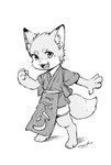 2022 4_fingers anthro asian_clothing barefoot belt bottomwear canid canine cheeky claws clothing east_asian_clothing eyebrows fangs feet fingers fist fox greyscale hi_res japanese_clothing kimono kosaburou looking_at_viewer male mammal monochrome open_mouth pawpads pikanodannna shorts simple_background smug solo spread_arms tail teeth whiskers white_background young young_anthro young_male