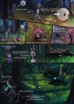 2019 anthro biped colored comic detailed_background dialogue dialogue_box english_text felid feline female fur green_eyes grey_body grey_fur group hi_res horn ka_(trigaroo) male mammal moi_(trigaroo) outside plant posean purple_body purple_fur speech_bubble text tree trigaroo webings_(trigaroo)