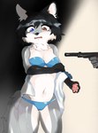 absurd_res anthro bikini blue_bikini blue_clothing blue_eyes blue_swimwear blush bodily_fluids breasts camel_toe canid canine canis clothing crying embarrassed execution female fluffy fluffy_tail forced forced_exposure forced_undressing gun gunpoint hair handgun heterochromia hi_res holding_gun holding_object holding_ranged_weapon holding_weapon imminent_death josephine_(lolcat00) kidnapping light lolcat00 looking_at_viewer mammal navel orange_eyes pawpads peril pistol ranged_weapon scared short_hair silencer small_breasts solo submissive submissive_female swimwear tail tears two-piece_swimsuit undressing weapon welling_tears wet wet_clothing wolf