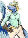 3:4 5_fingers anthro batrixy blonde_hair blue_body blue_eyes blue_feathers blue_scales cavemanon_studios clothing colored crossover diego_brando dinosaur dromaeosaurid fangs feathered_dinosaur feathered_scalie feathers fingers gloves hair hand_on_hip handwear hat headgear headwear hi_res jojo's_bizarre_adventure long_tail male prehistoric_species reptile scales scalie shirt simple_background snoot_game snout solo sweater tail tail_feathers teeth theropod topwear turtleneck utahraptor