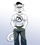 anthro aphex_twin biped clothed clothing domestic_cat eyebrows felid feline felis fingers fur hi_res inner_ear_fluff looking_at_viewer male mammal rabbitpatches shirt solo tail topwear tuft whiskers white_body white_fur