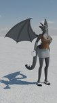 3d_(artwork) 5_toes 9:16 anthro brown_eyes claws clothing cup_in_hand digital_media_(artwork) dragon eliora_vohnekryl feet female grey_body hi_res horn humanoid_feet looking_at_viewer mythological_creature mythological_scalie mythology plantigrade pukhnastyy_aks scalie solo tail toes wings